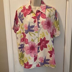 Lemon Grass Large Floral Button-Up s/s Top linen blend 25-336-03